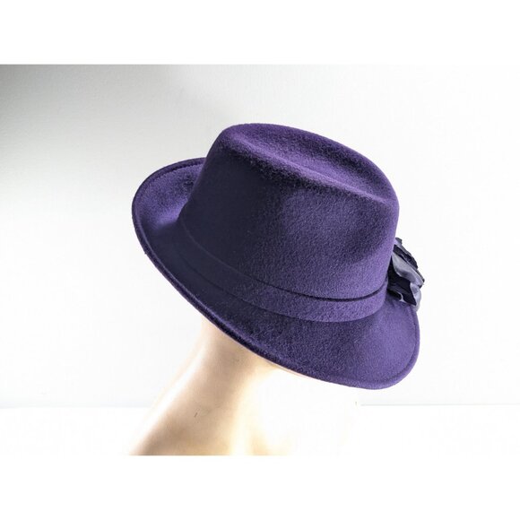 Deep Purple Wool fedora, TEMPTATION Italy purple wool fedora with flower made in - Picture 3 of 10